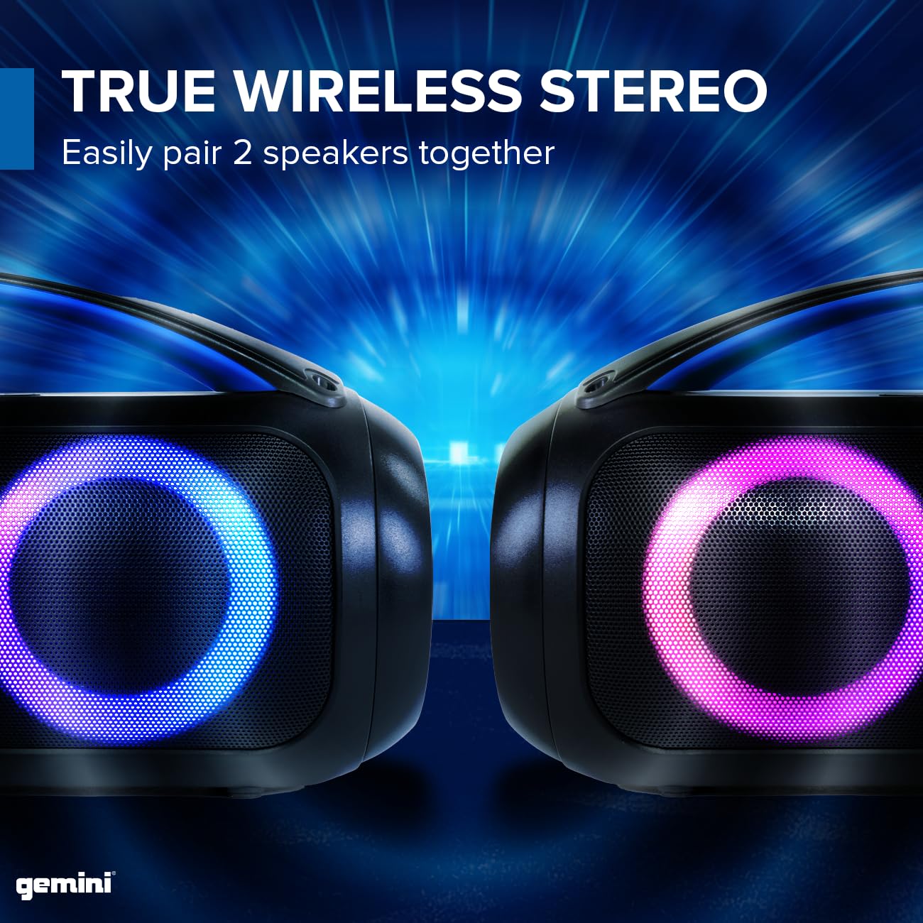 Gemini Portable Bluetooth Boombox Speaker with Deep Bass, LED Party Lights, FM Radio, USB, Mic Input & 7-Hour Battery - Rechargeable Wireless Speaker