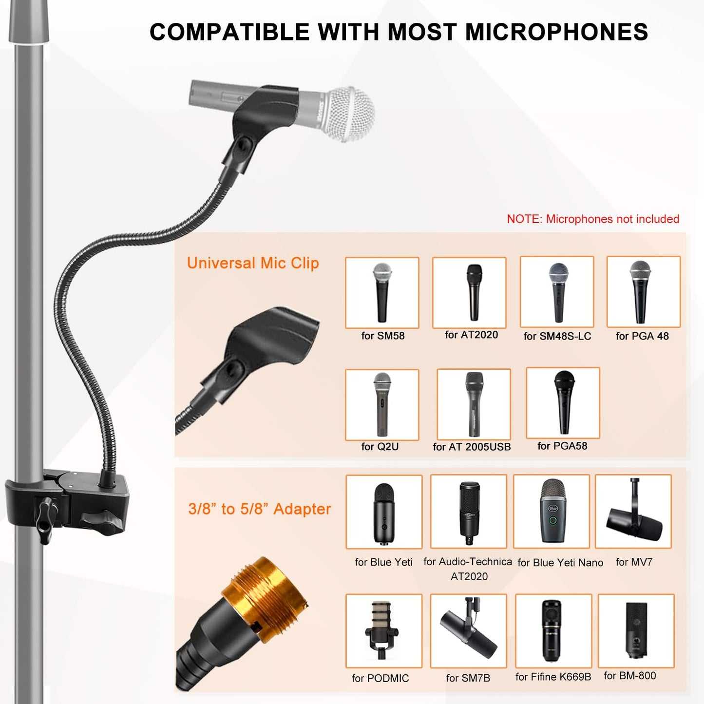 Microphone Stand, Versatile Mic Arm for Desk Pole Tripod, Gooseneck Mic Stand Desk Mount with Super Clamp Mic holder and 3/8" to 5/8" Adapter, Fits