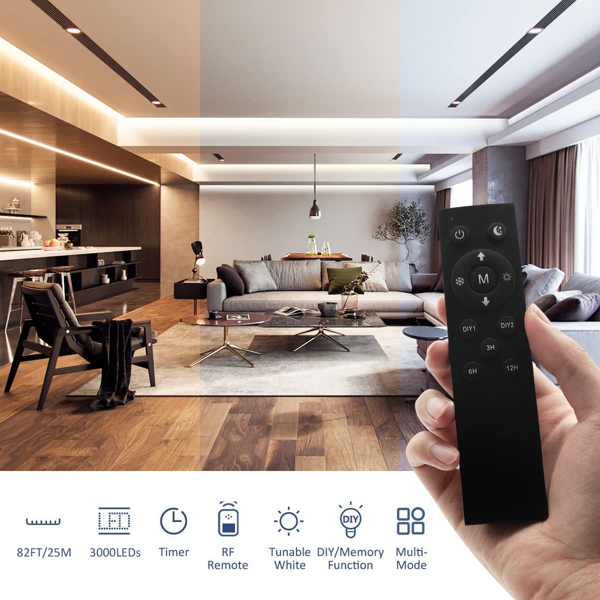 Ustarus White LED Strip Lights 82ft 24V Dimmable 3000K-6000K LED Tape Rope Light with Remote Flexible 2835 LED Ribbon for Kitchen Under Cabinet Mirror