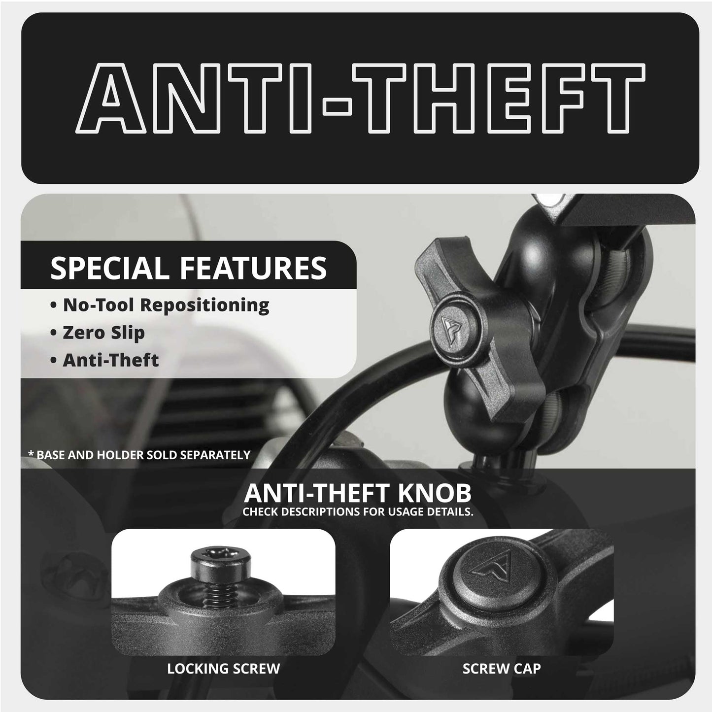 Tackform 2" Long Metal 20mm Ball and Socket Arm DuraLock 20 Series | Dual 20mm Sockets with Optional Anti-Theft Knob | Black with Red Billet Accent