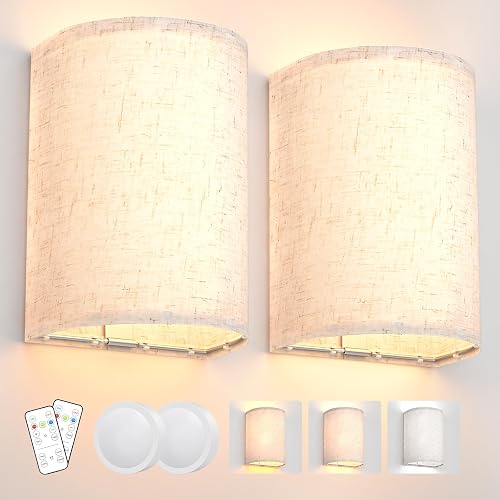 Wall Sconces Set of Two, Battery Operated Wall Sconces 3 Colors Changeable Dimmable Wall Lights Fixtures with Remote Control Fabric Wall Lamp Sconces