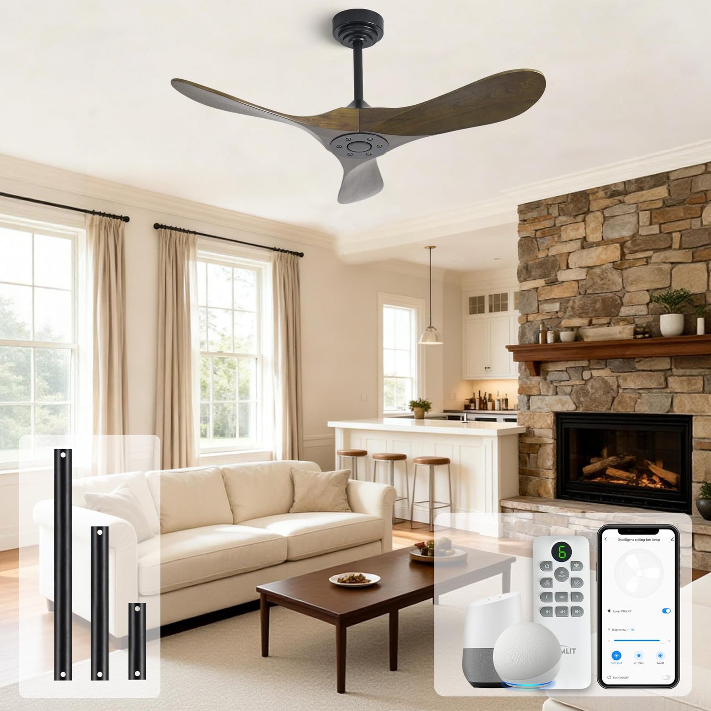 Homlit Outdoor Ceiling Fan Without Light, 42Inch Smart Ceiling Fan with Remote & Voice Control for Compatible with Alexa/Google, 3-Blade Wood Fan