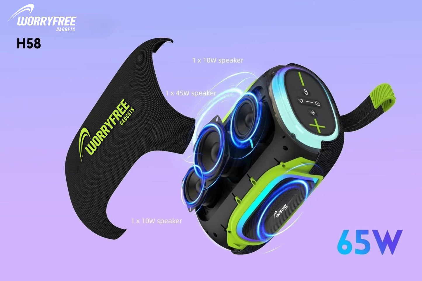 Portable Wireless Waterproof Bluetooth Speaker, 65W Output, 8000mAh Battery, RGB Lights, EQ Modes, 10M Range, TWS Connection, AUX/TF Card (Green)