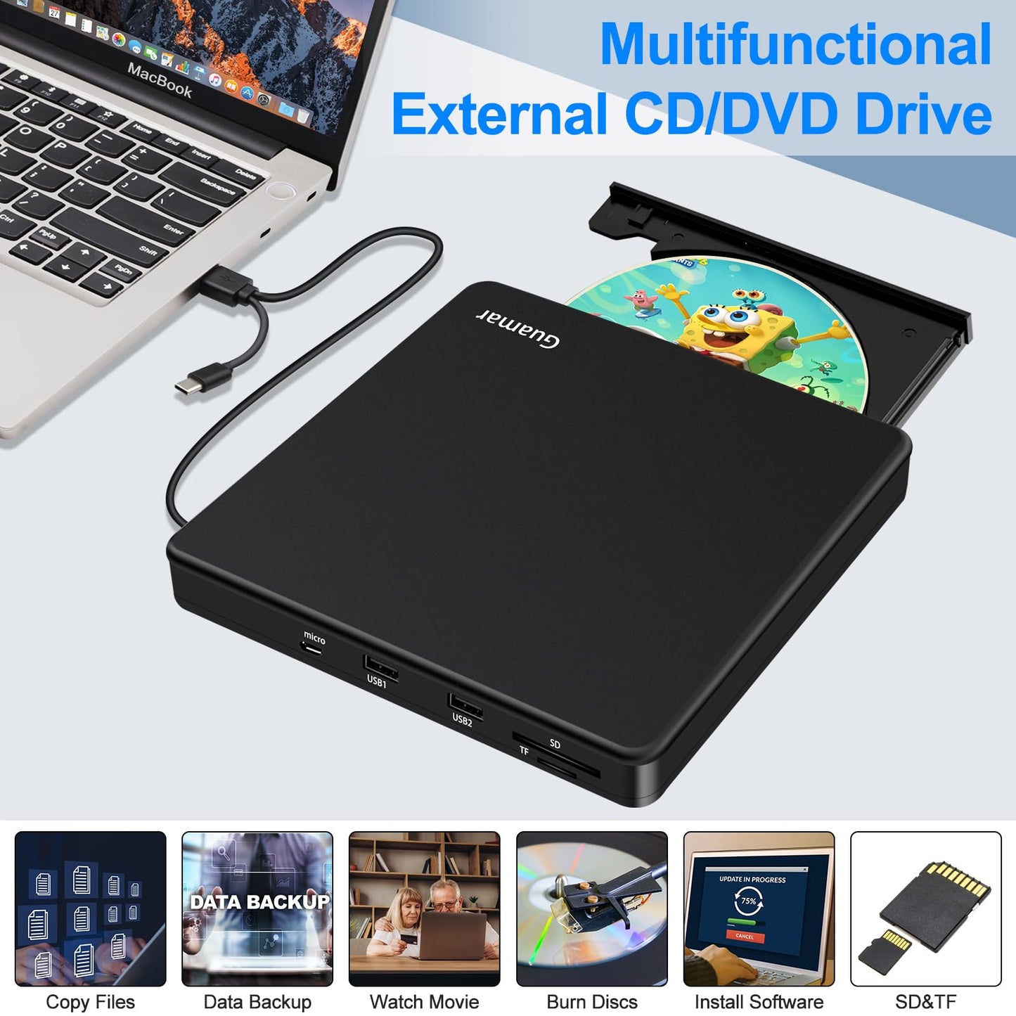 Guamar External CD/DVD Drive for Laptop: Portable USB C CD Burner DVD Player Superdrive for Apple Mac MacBook PC Windows 11 with SD TF Slot 2 USB