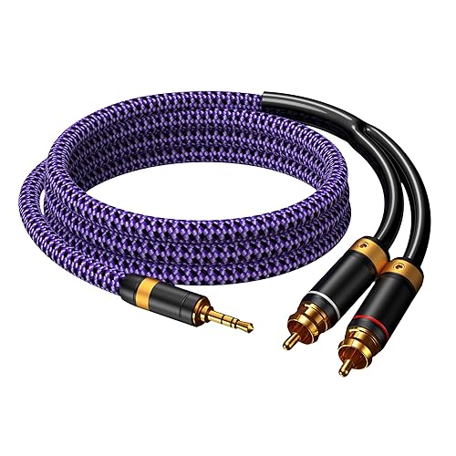 Veimeitk 3.5mm Aux to RCA Audio Cable Audiophile 24K Gold-Plated Pure Copper Shell Braided Hi Fi Stereo Y Cord for Smartphones MP3 Tablets Speakers