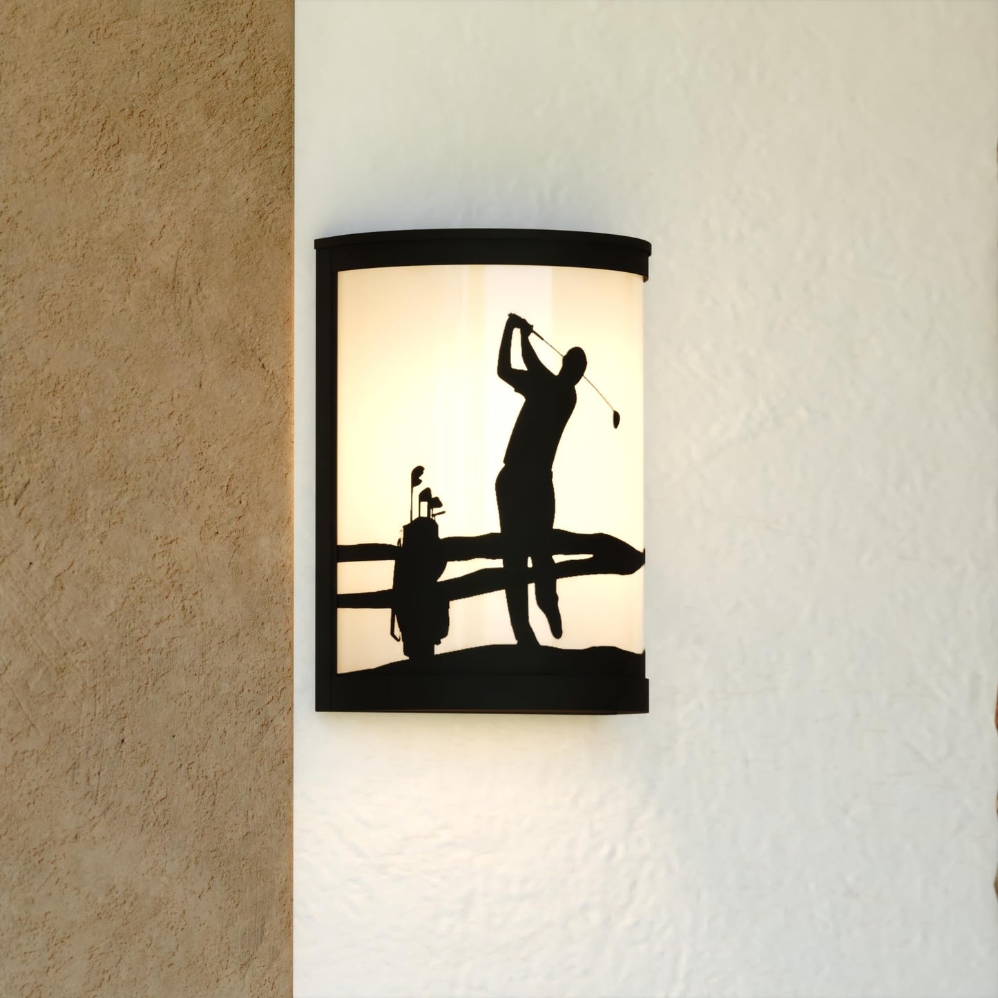 VAXCEL Links 1-Light 8 in. Wide Black Indoor-Outdoor Flush Mount Wall Sconce with Metal Golfer Cutout and Frosted White Glass Shade, Dimmable, LED
