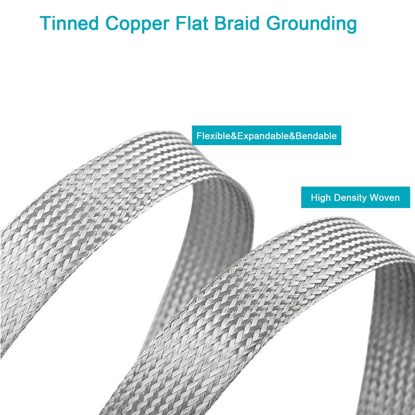 Kokey-xy Tinned Copper Braided Cable Shielding Sleeve Metal Wire Loom Sheathing EMI RFI ESD Protector Grounding Mesh Flat Tubular Expandable 5/8"