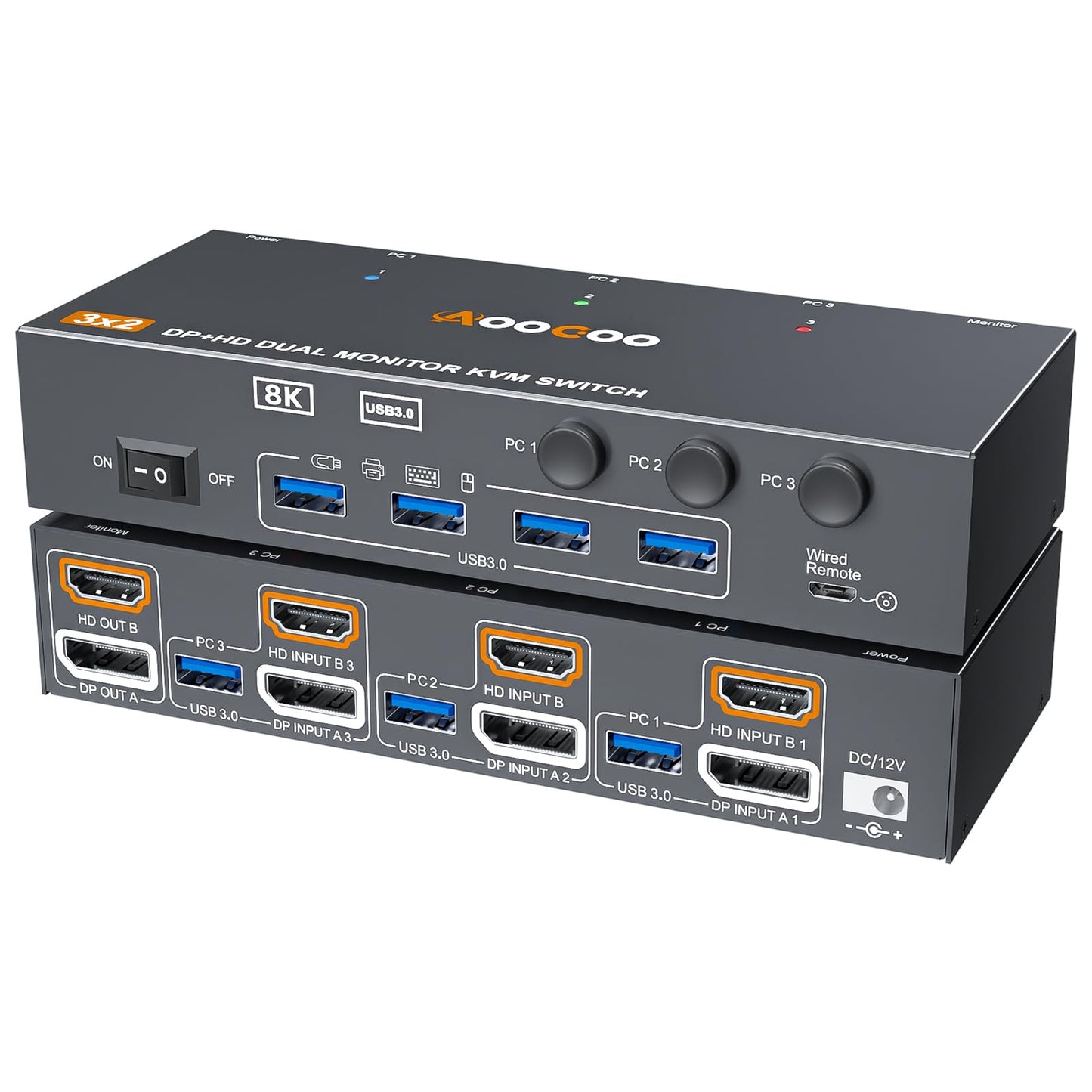 KVM Switch 2 Monitors 3 Computers 8K@60Hz/4K144Hz,DP+HDMI USB3.0 Dual Monitors KVM Switches with 4 USB 3.0 Port,Wired Remote,USB3.0 Cables Included(8K