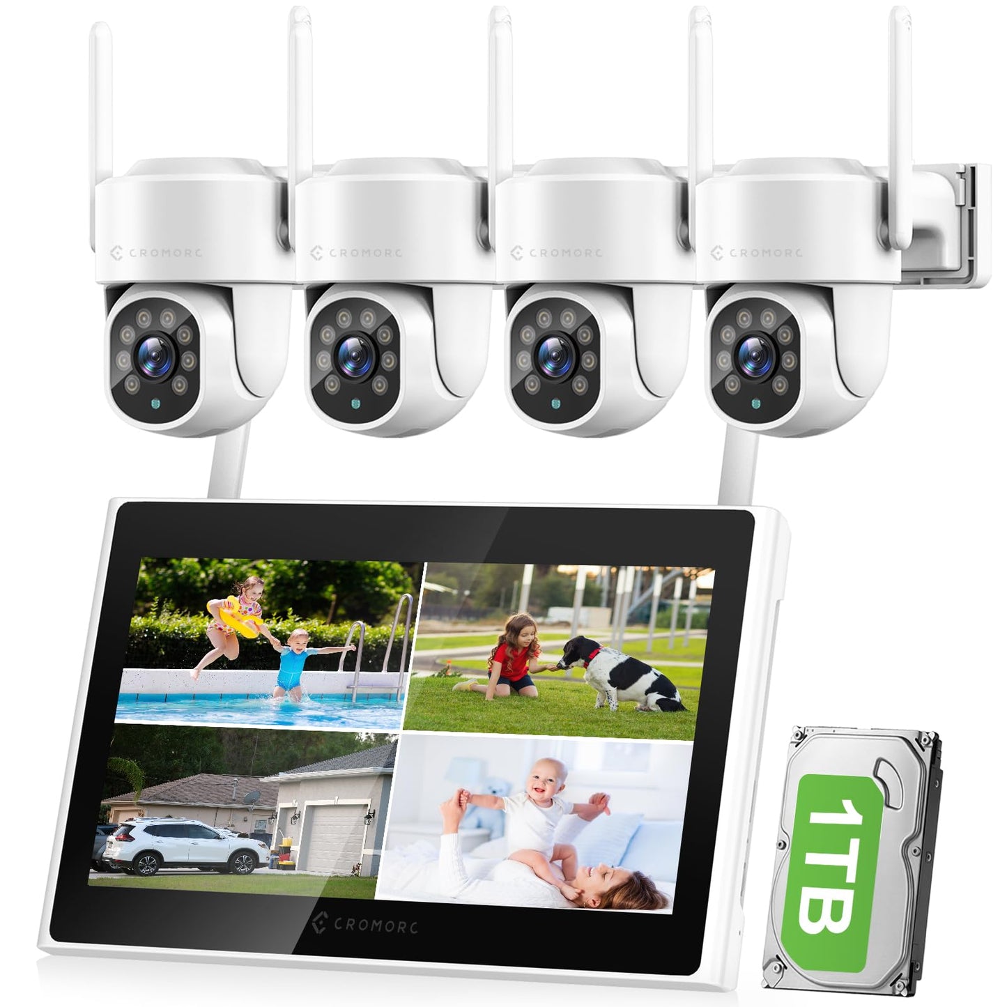 Cromorc Expandable 10CH Wireless Security Camera System with 10.1" Monitor, AI Human Detection, Floodlight,Siren Alarm, 2-Way Audio,4PCS 5MP PTZ
