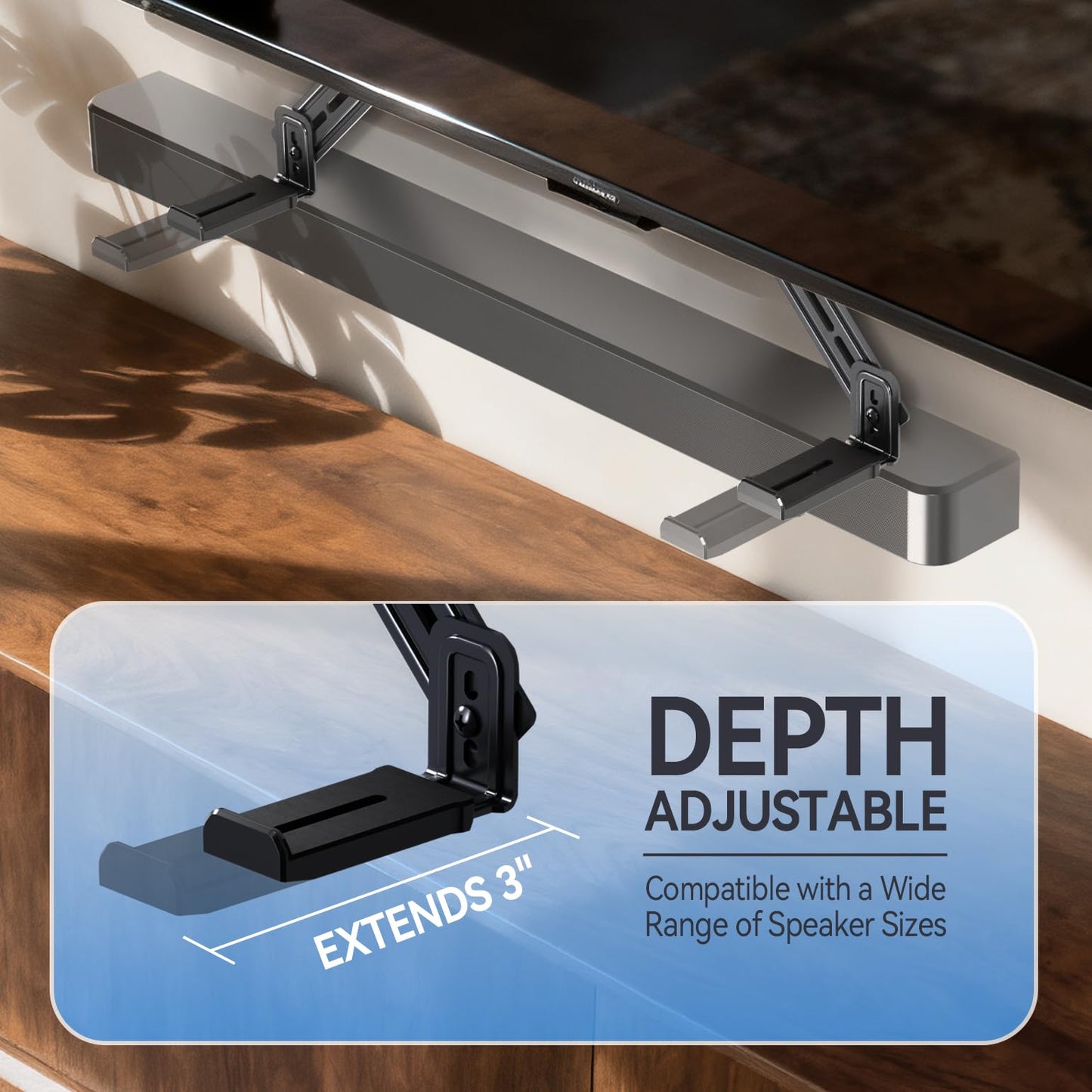 C YECEN Sound Bar Mounts Under TV or Above TV, Height & Depth Adjustable Soundbar Mount?with Detachable Extension Arms and L-Brackets