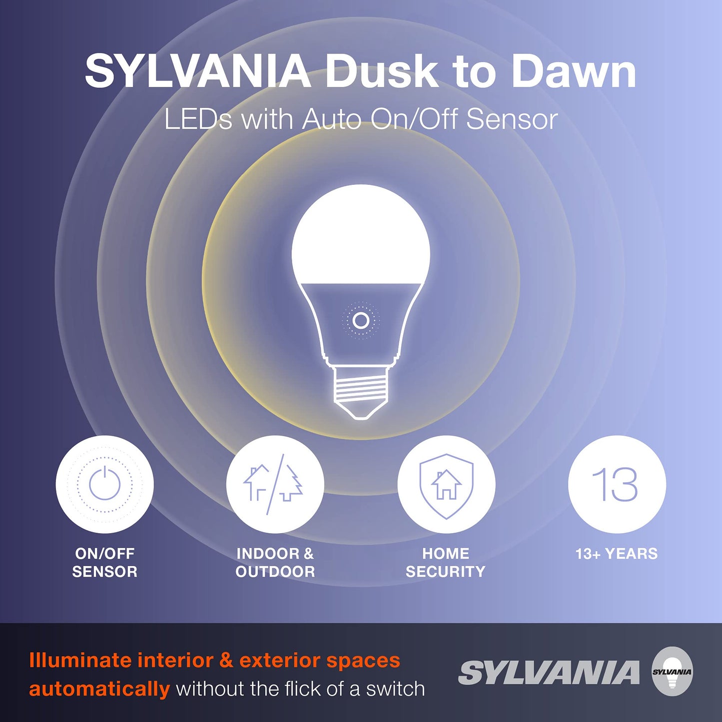Sylvania Dusk to Dawn A19 LED Light Bulb with Auto On/Off Light Sensor, 60W=9W, 800 Lumens, 2700K, Soft White - 1 Pack (41288)