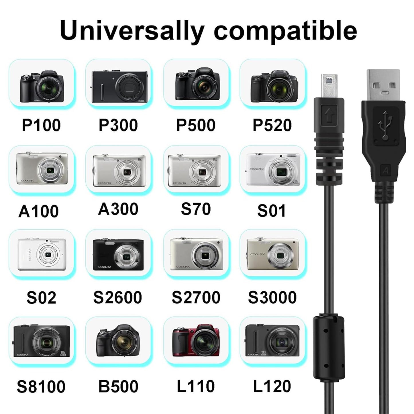 Gneinour UC-E6 USB Cable for Nikon CoolPix S3000 S3300 S3500 S3700 S4000 S6300 S6500 S6600 P100 P530, Compatible with Nikon Digital SLR DSLR D750