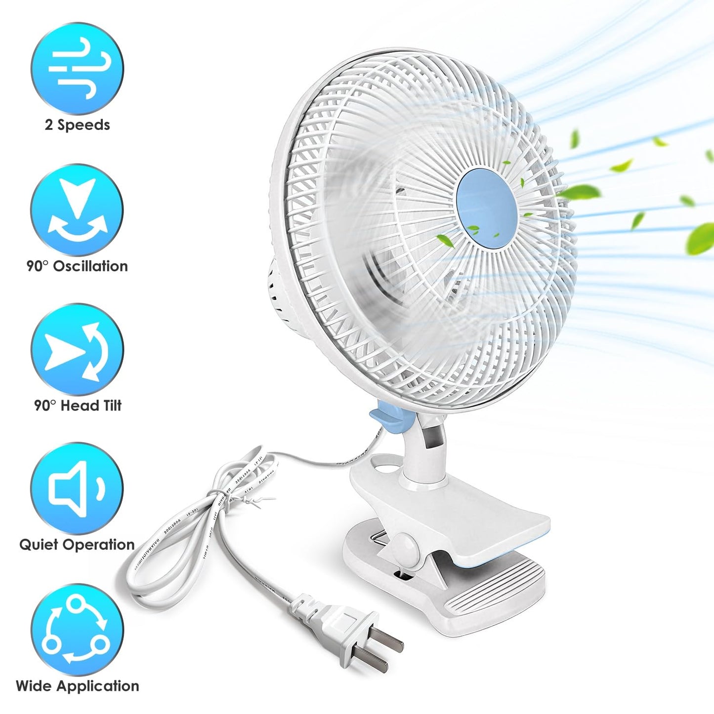 WZONICE98 Clip On Fan with 2 Speeds, 90° Oscillating Small Fan for Bed Desk, Portable Clip Fan Plug in for Office Bedroom, Wall Hanging, Speeds Low