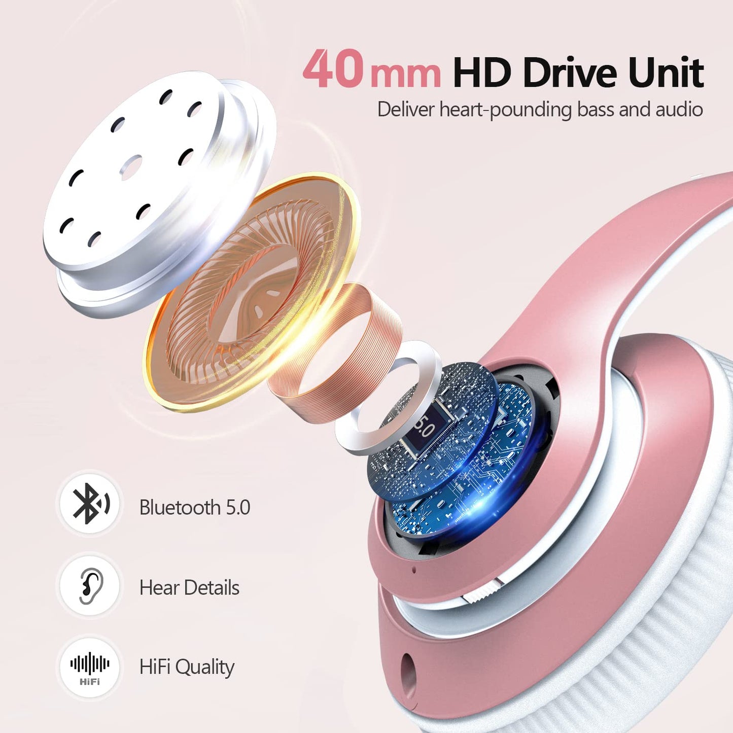 Tuitager 9S Over Ear Bluetooth Headphones, 60 Hours Playtime, Hi-Fi Stereo, Deep Bass, Microphone, Foldable, Rose Gold