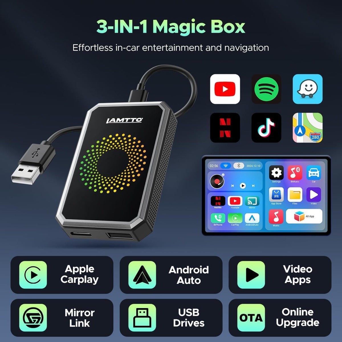 LAMTTO Wireless Carplay Adapter for Streaming Net-Flix/YouTube/TikTok