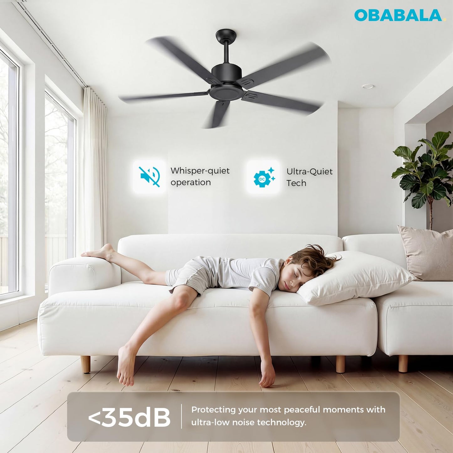 Obabala Outdoor Ceiling Fan No Light, 52 Inch Black Modern Ceiling Fan Without Light, Dual Finish 5 Blades,6 Speed, Reversible Quiet DC Motor