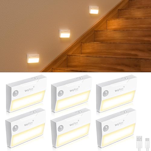 Valytime 6 Pack Large Area LED Step Light, Rechargeable Motion Sensor Stair Lights Indoor, Ultra-Wide Rectangle Wall Washer, Warm White Step Lighting