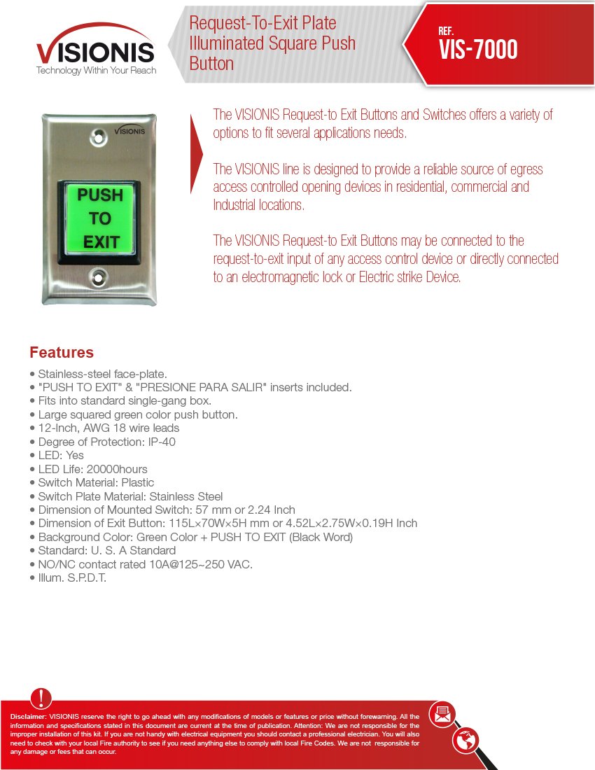 Visionis FPC-7322 VIS-ML1200LED Indoor Electromagnetic Lock 1200lbs for Out Swinging Door with VIS-7000 Green LED Push to Exit Button NC, COM, NO