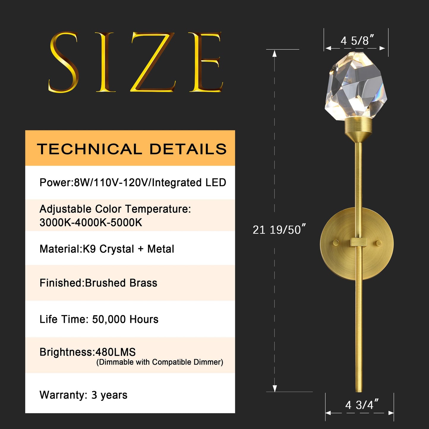 Untrammelife Indoor Crystal Wall Sconce, Brushed Brass Gold Hardwired Wall Light Fixture 3 Color Temperature 3000K-4000K-5000K 8W Dimmable LED Modern