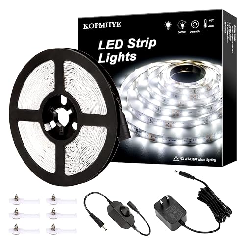 KOPMHYE 5M Dimmable LED Strip Lights Kits, 12V Tape Light, 300 2835 LED, 16.4ft 6000K Daylight White Ribbon with Power Adapter, Light Strips for Under