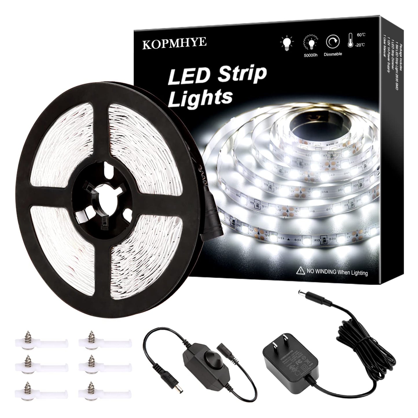 KOPMHYE 5M Dimmable LED Strip Lights Kits, 12V Tape Light, 300 2835 LED, 16.4ft 6000K Daylight White Ribbon with Power Adapter, Light Strips for Under