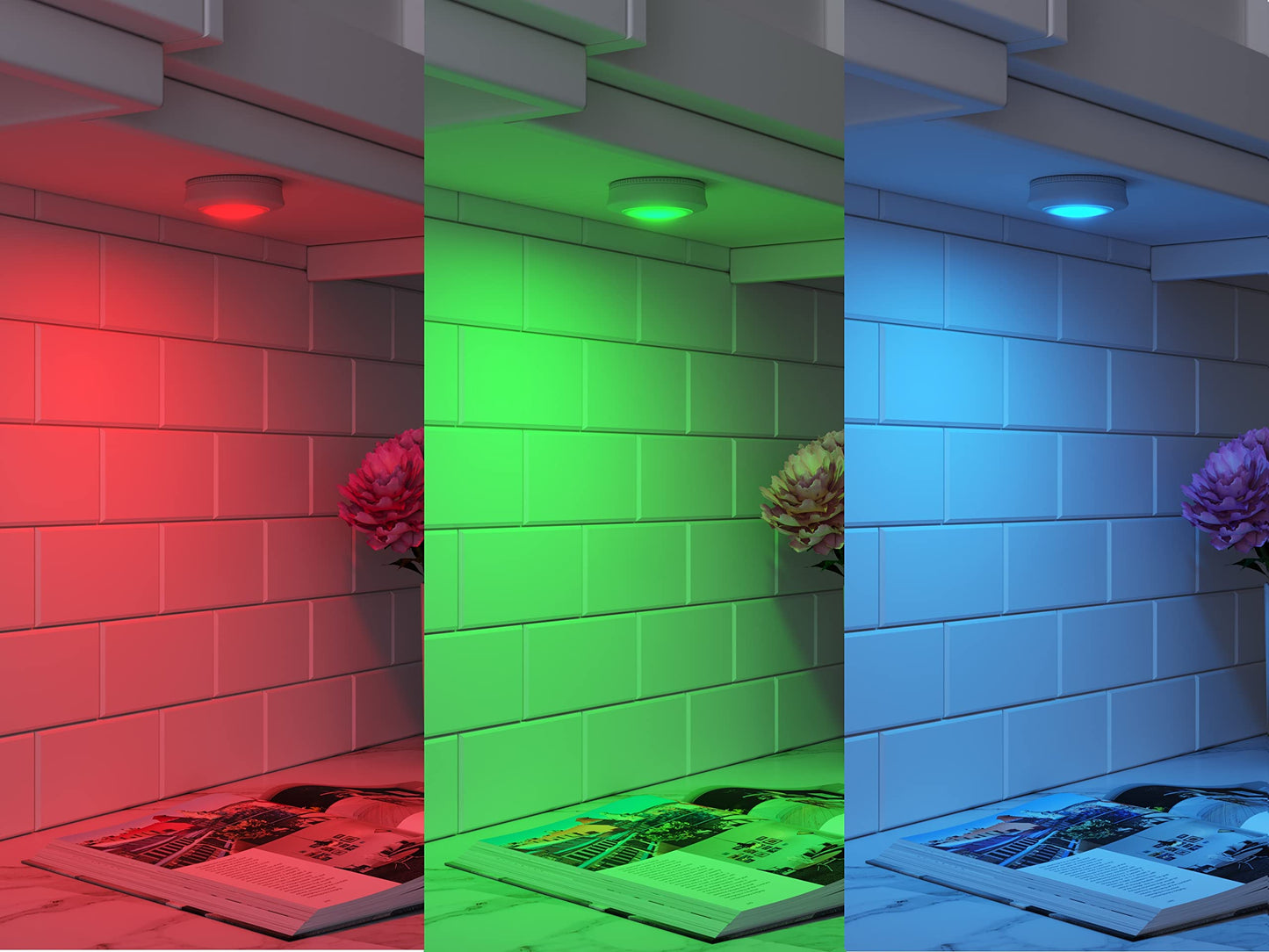 Ecolight 3.5in Battery-Operated LED Puck Light - White, RGB and 400K White, Magnetic, Tap on/Off, auto Timer with IR Remote