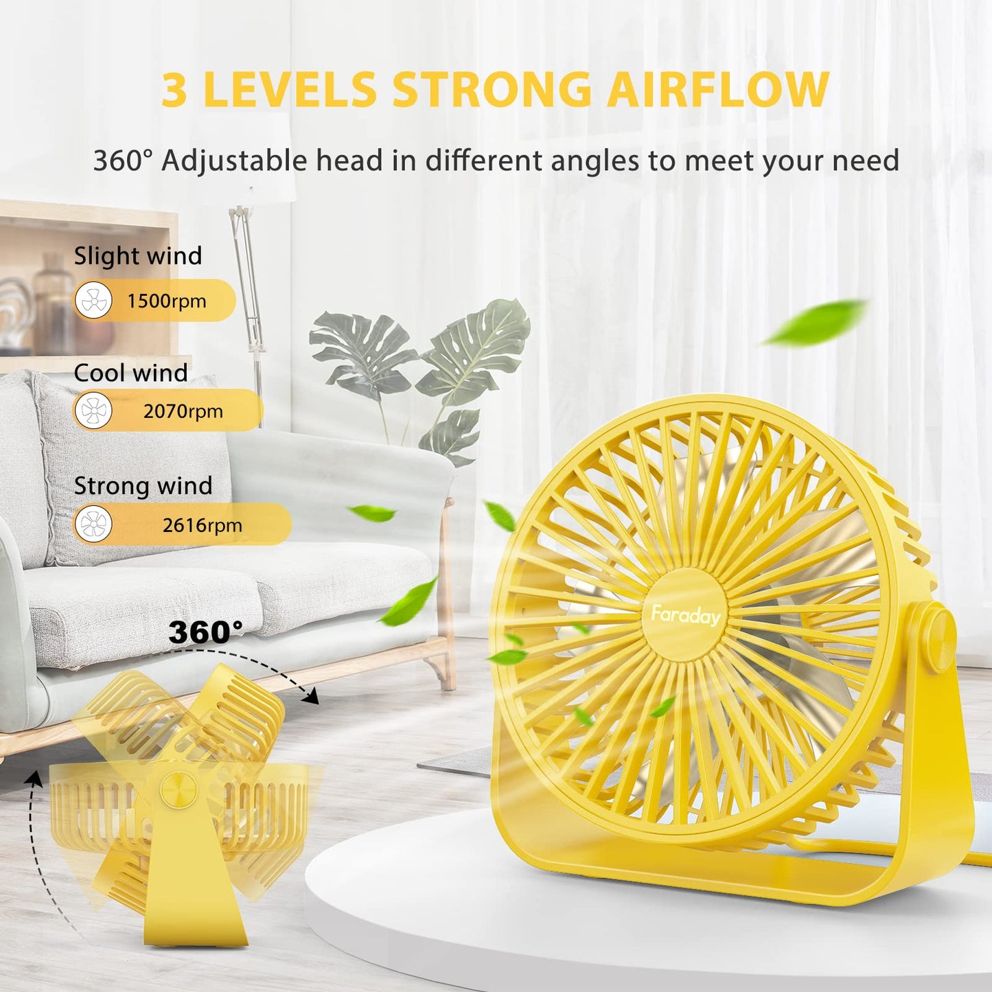 FARADAY USB Desk Fans 5 Inches Portable Table Fans 360° Head Rotation Small Personal Desktop Fan for Home Office, 3 Speeds, Yellow