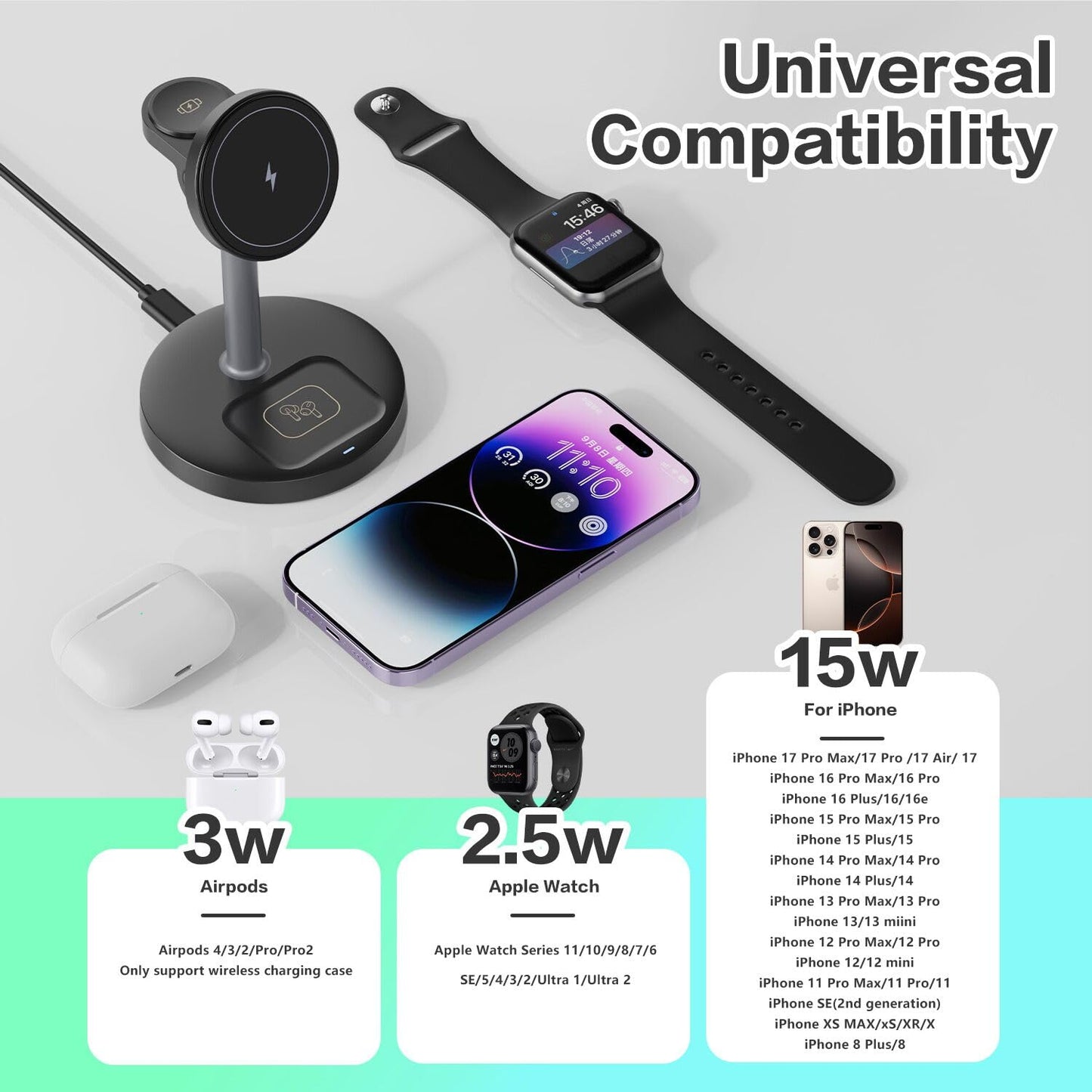 3 in 1 Wireless Charging Station Compatible with MagSafe, 15W Fast Charging Magnetic Mag-Safe Charger Stand for Apple iPhone 17 16 15 14 13 12Series