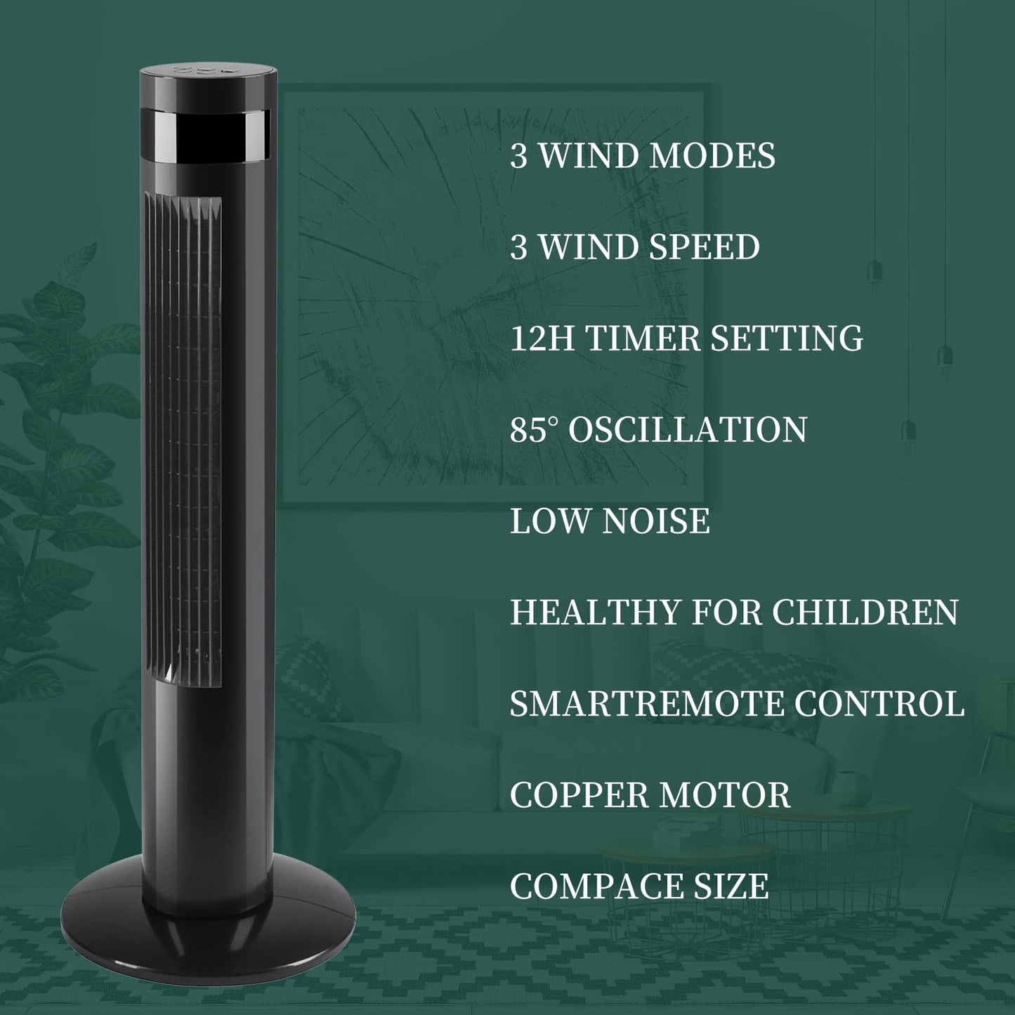 Antarctic Star Tower Fan Portable Electric Oscillating Fan Quiet Cooling Remote Control Standing Bladeless Floor Fans 3 Speeds Wind Modes Timer