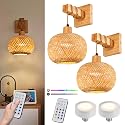 NOVCAND Diameter 7in Boho Battery Operated Wall Sconce Set of Two, Bamboo Cordless Wall Lamp with Remote,Wireless Sconces Set of 2 for Bedroom,Living