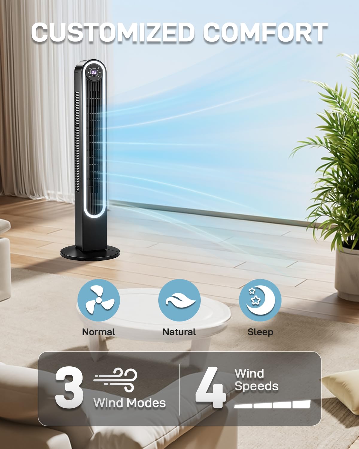 Pinikuyiro 32" Black Bladeless Tower Fan for Cooling for Home Office Bedroom, Ultra-Quiet, Portable Floor Fan with Remote Control, Adjustable 90°