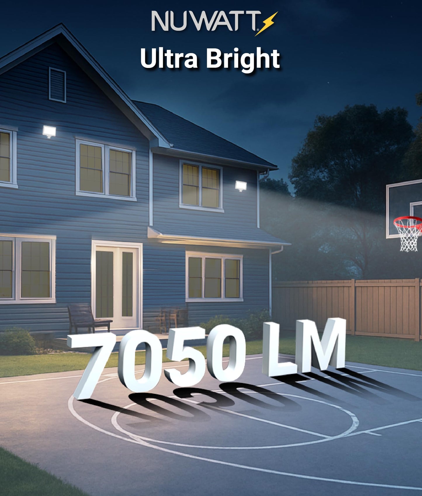 NUWATT 50W LED Flood Light, 3CCT 3000K/4000K/5000K Selectable, IP65 Waterproof Lighting, Adjustable Knuckle Mount, 7050LM, 0-10V Dimmable, 120-277V