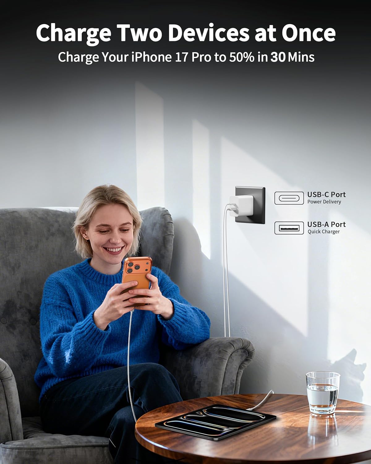 USB C Wall Charger Block,20W USB C&USB A Dual Port Charging Block Plug USB C Power Adapter Compatiblefor iPhone 17/17e /17 Pro Max/Air/16e/16