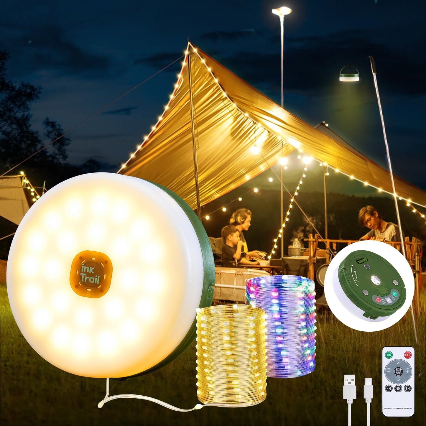 Camping String Lights, 4 in 1 Quick Storage 33FT Rechargeable Tent Lights with 14 Lighting Modes, Hanging Waterproof Portable Retractable LED Lamp