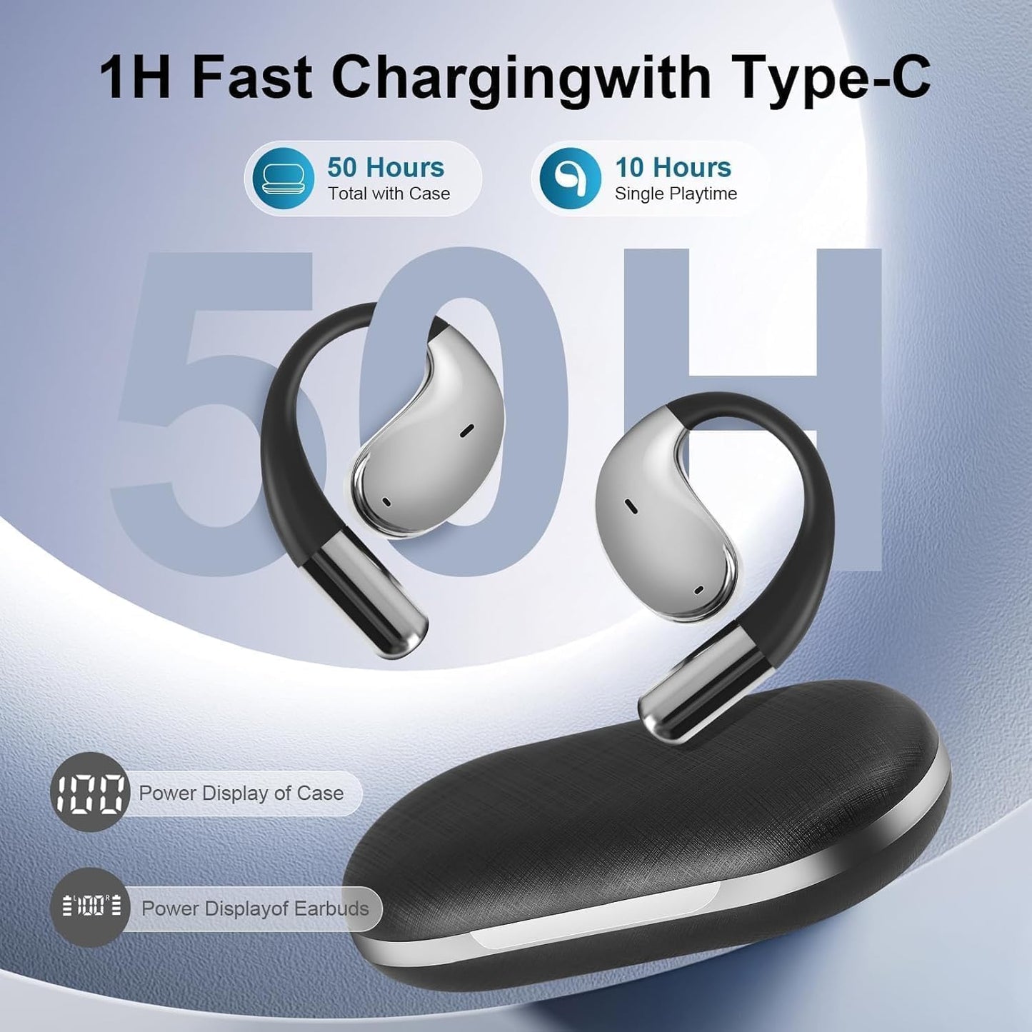 ZIDOXING Open Ear Bone Conduction Headphones?,Over Ear Earbuds with Ergonomic Earhook,Bluetooth Headphones 5.4 with Smart Digital Display,50H Playtime