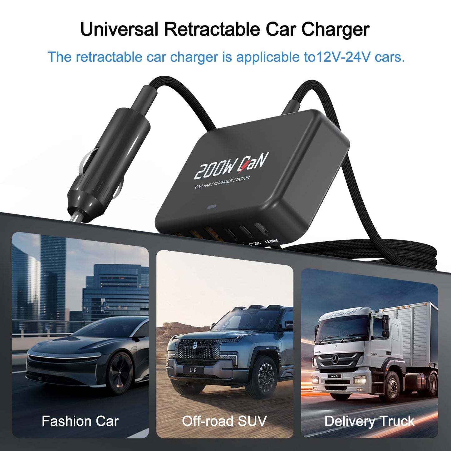 Dzytnsy 200W Car Fast Charging Station,6 Ports, Compatible with MacBook pro/Air/M5 M4 M3 M2 M1/Dell/Lenovo/HP,for iPhone 17/16/15 Series,Samsung