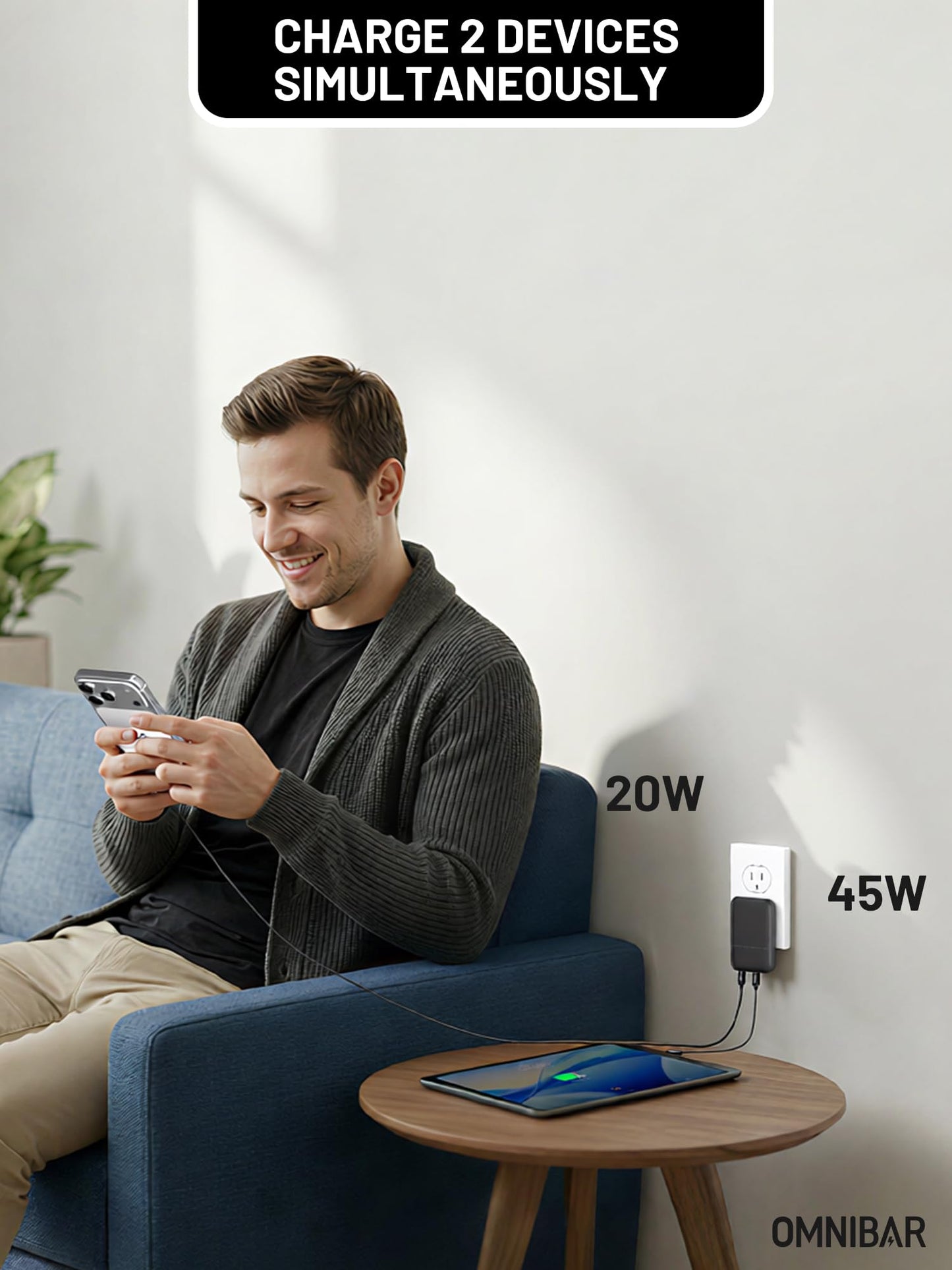 Omnibar Slim Flat 67W USB C Wall Charger, 2-Port PD 3.0 PPS GaN Fast Charger Block, Foldable Compact USB C Power Adapter for iPhone 17 16 15, Samsung