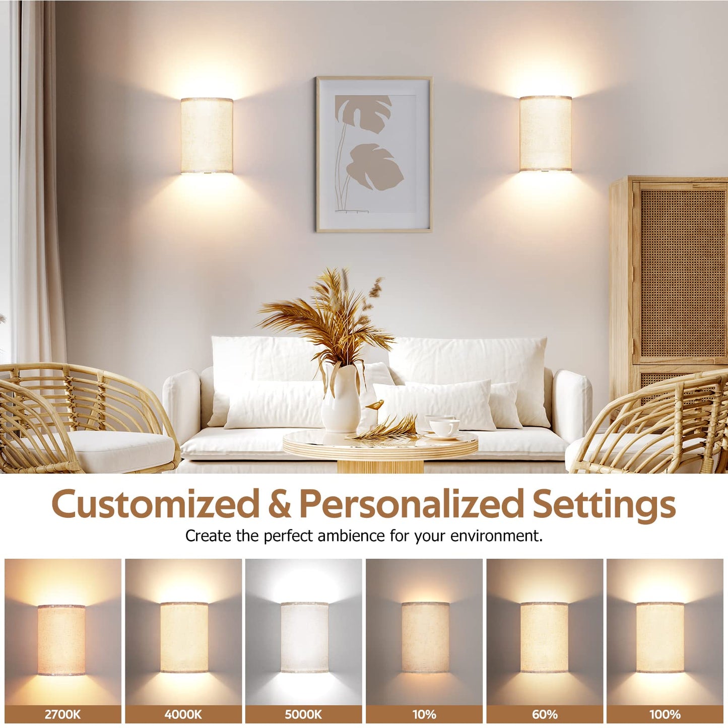 Wall Sconces Set of Two, Battery Operated Wall Sconces 3 Colors Changeable Dimmable Wall Lights Fixtures with Remote Control Fabric Wall Lamp Sconces