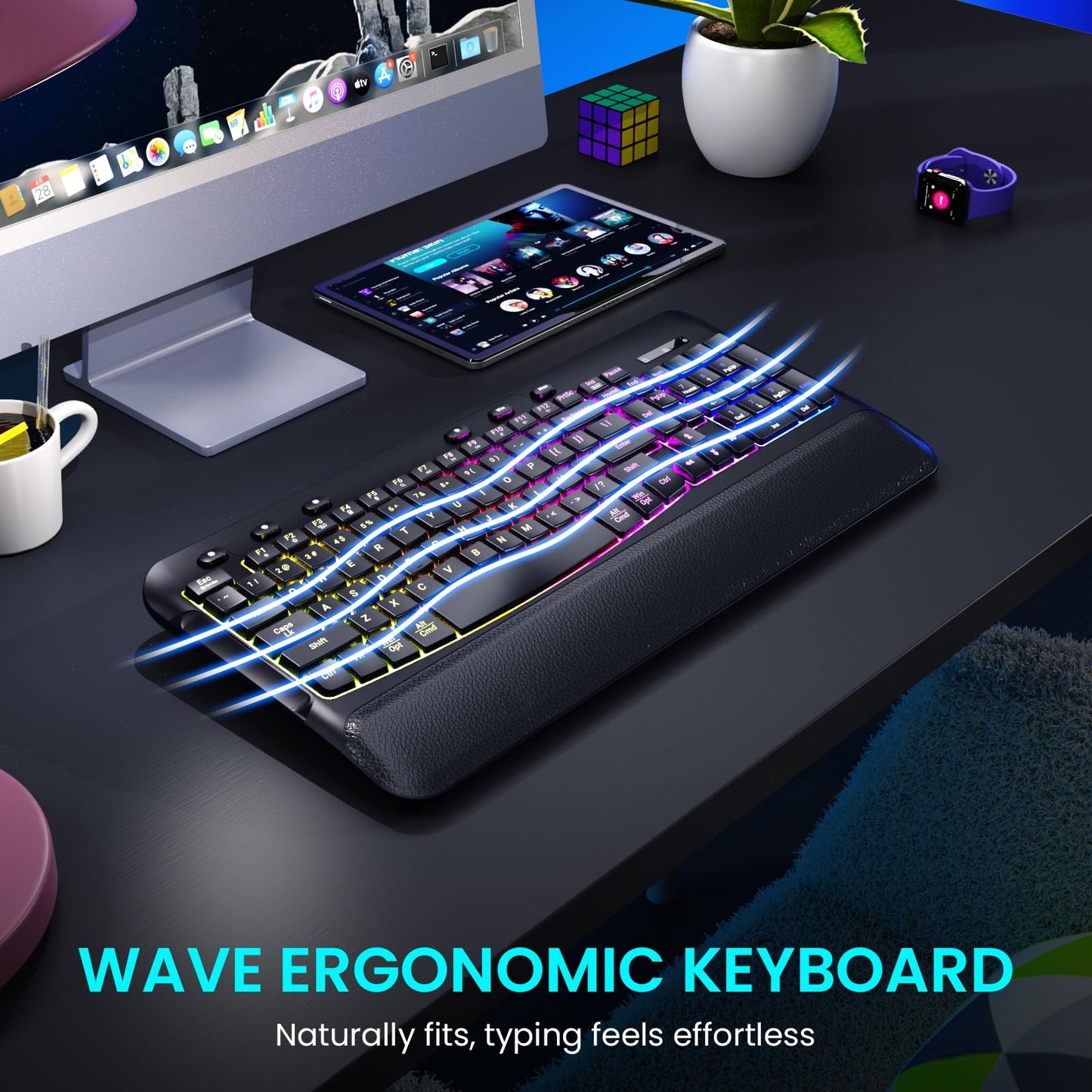 COLIKES Wireless Keyboard and Mouse Combo, Ergonomic Wave, 9 RGB Backlit Effects, Leather Wrist Rest, Rechargeable 2.4G USB Silent Set
