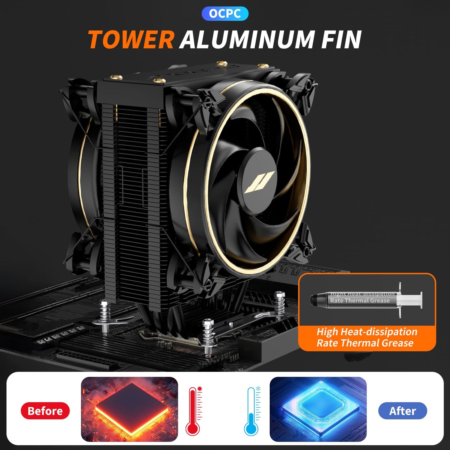 OCPC CPU Cooler - Single-Tower Air Cooler with Dual 120mm PWM Fans, 4 Heatpipes, 800-2000 RPM, High-Performance Cooling for AMD AM4/AM5 & Intel