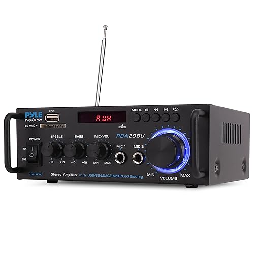 Pyle 200W Bluetooth Compact Power Amplifier - Wireless 2 Channel Audio Receiver with Dual Karaoke Mic Input - RCA - USB-A + SD Card MP3 Player - FM