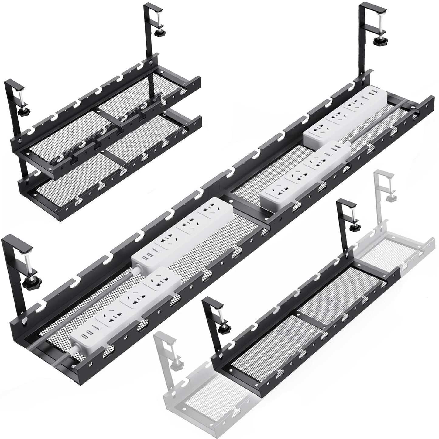 WIGAKDRU 31Inch Extendable Under Desk Cable Management Tray Multi-Model Metal Cable Management Tray Under Desk Cord Management with Clamp Power Strip
