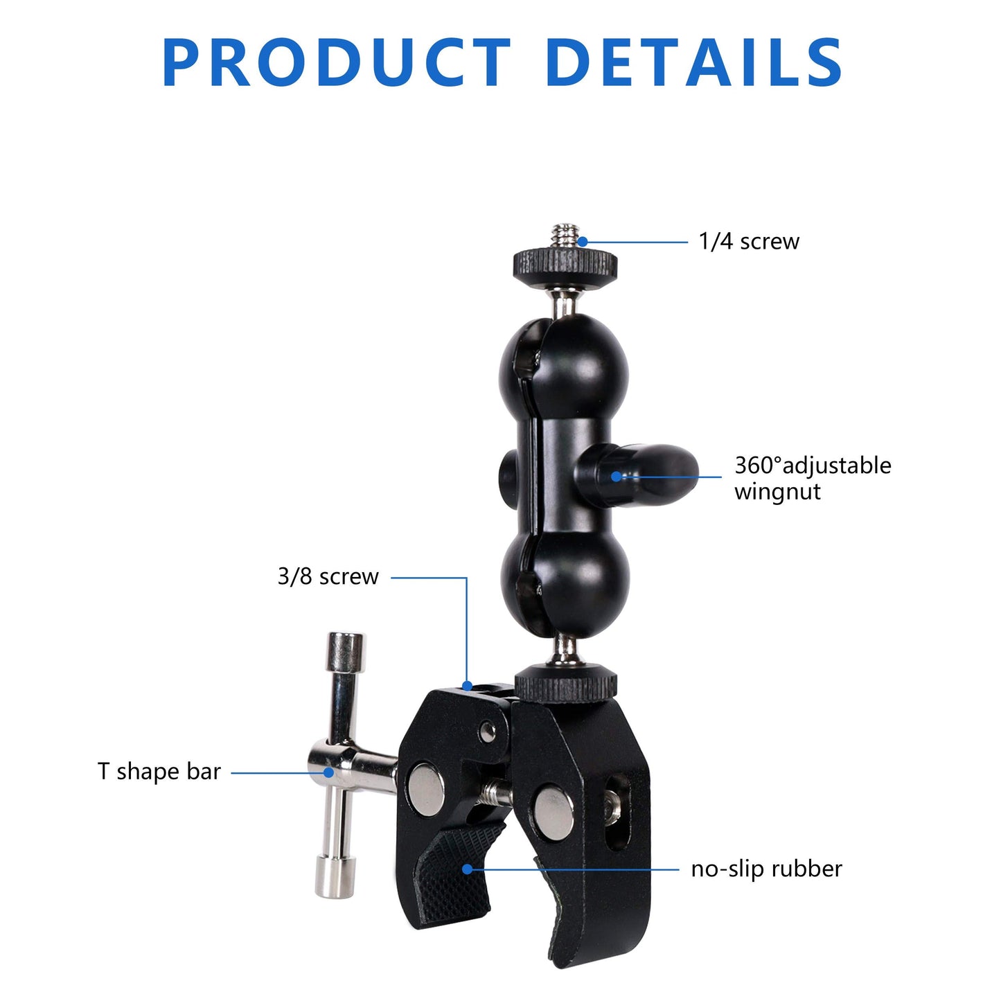 QYXINC Cool Dual Ball head Magic Arm Adapter Camera Clamp Mount Super Clamp with 1/4 and 3/8 Thread, for DSLR Camera Rig, LED Light, Flash Light