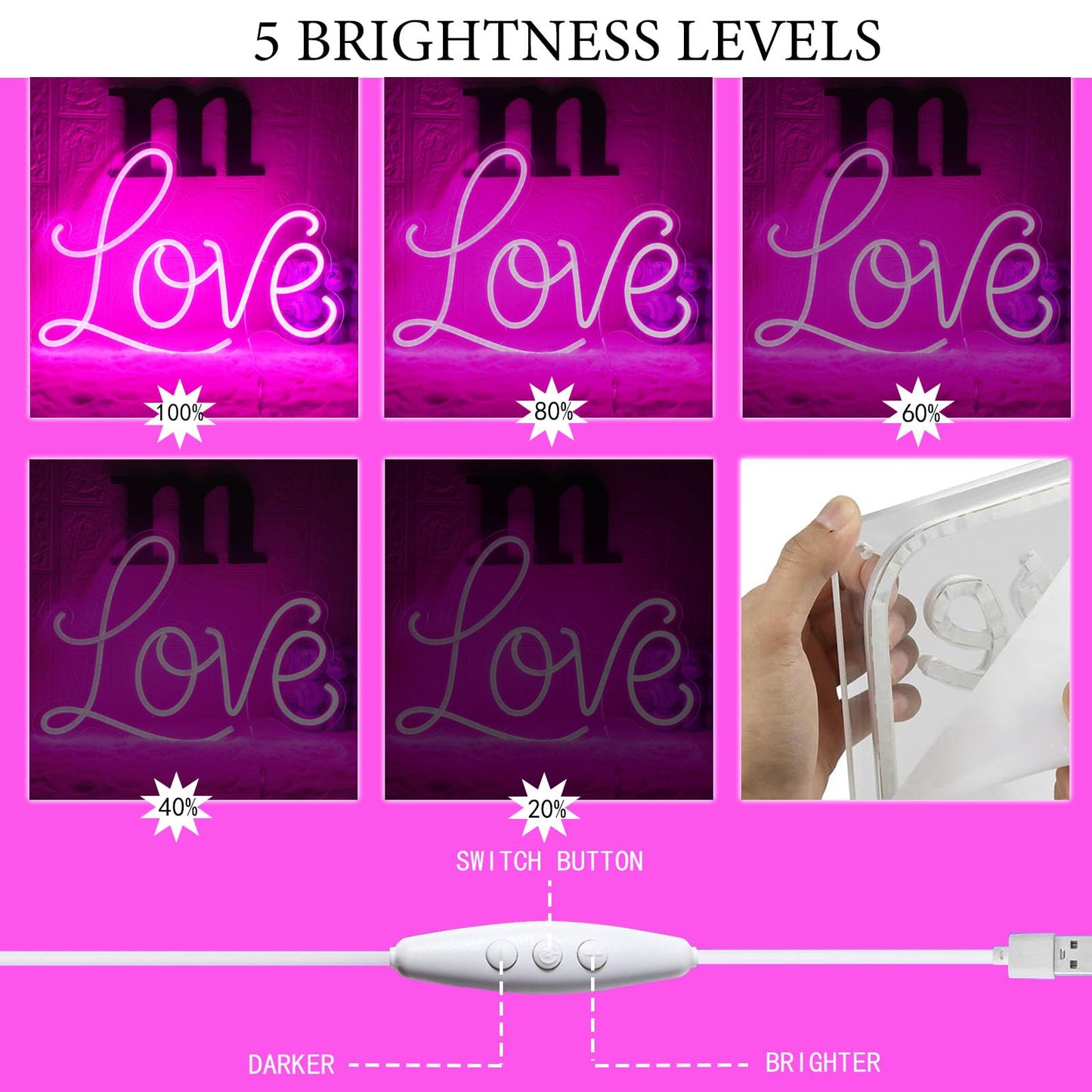 YUEYYNS Love Neon Sign Pink Neon Light Love Led Wall Signs USB Powered Light Signs for Girl Bedroom Christmas Valentine's Day Mother's Day Wedding