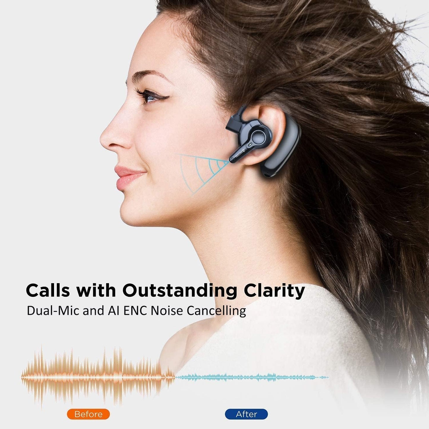 emotal Dual-Mic AI Noise Cancelling Bluetooth Headset for Cell Phones, 10 Days Standby 30Hrs HD Talktime Bluetooth Earpiece IPX6 Waterproof Ultralight