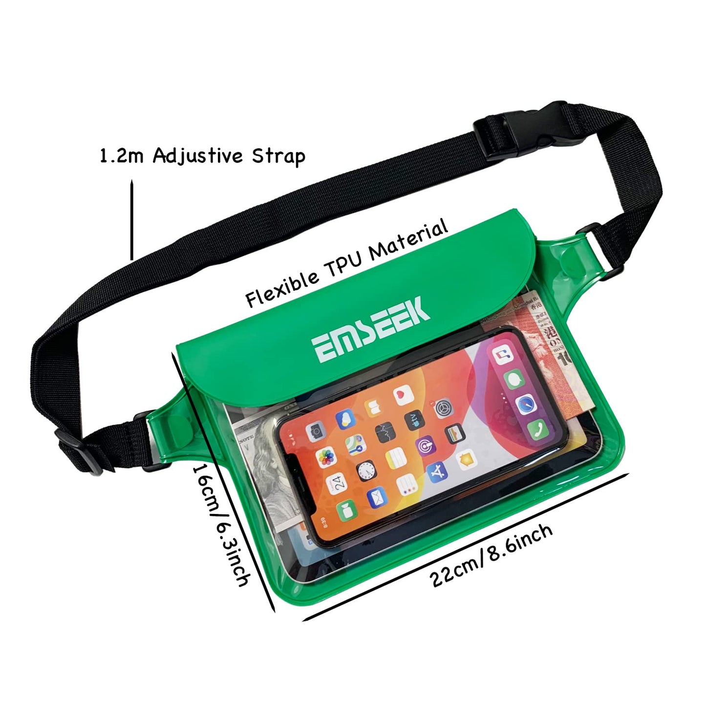 EMSEEK Waterproof Waist Pouch Dry Belt Bag Fanny Pack Keep Your Key Fob Wallet Kindle Phone Dry Perfect For Swim Surf Snorkel(Green)