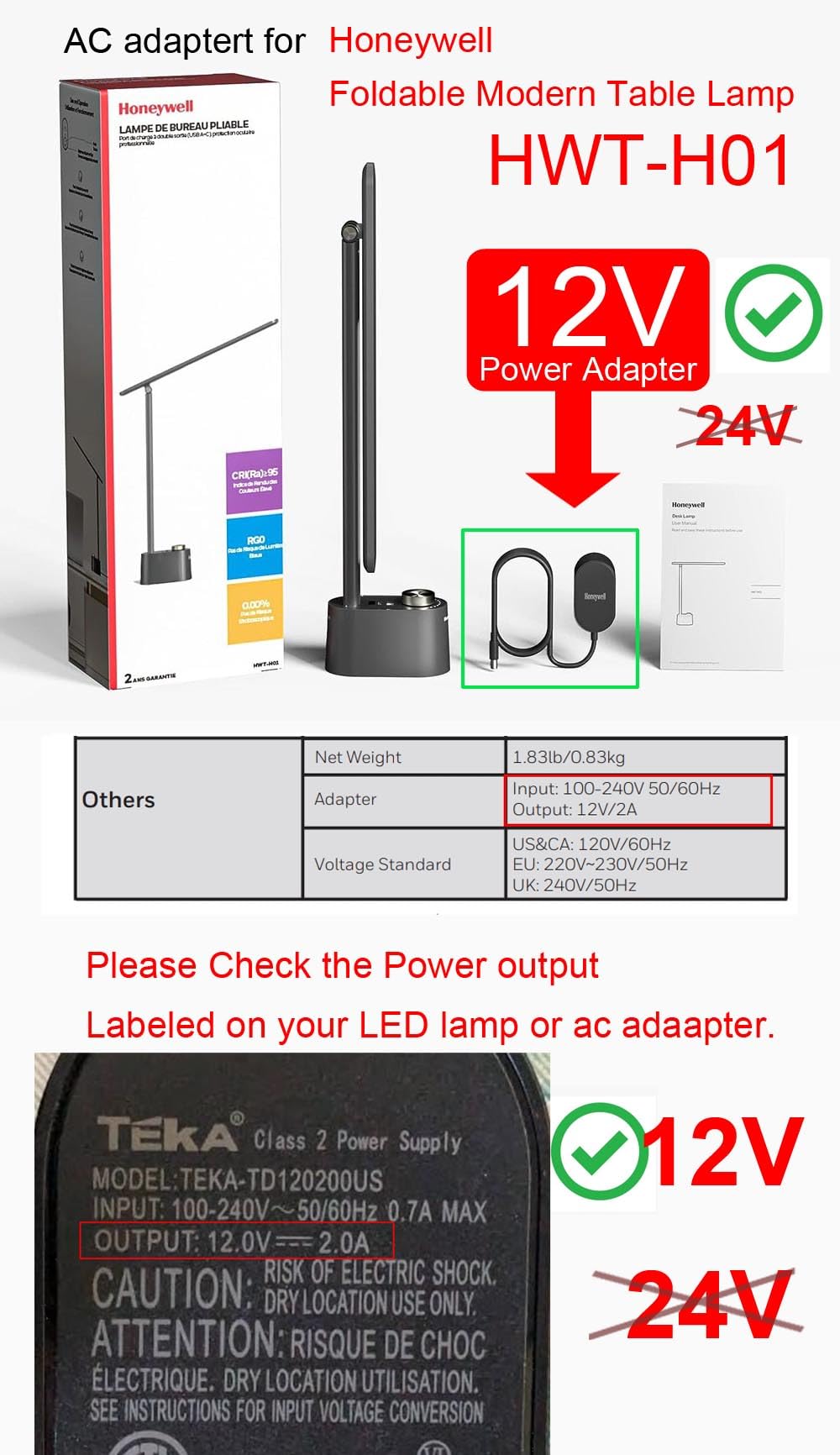 T POWER 12V Charger for TaoTronics Honeywell HWT-H4 JOSTIC EK009A LED Desk Lamp Eye-Caring Aircraft-Grade WorkPro WP3000SED WP3000S Gooseneck LED…