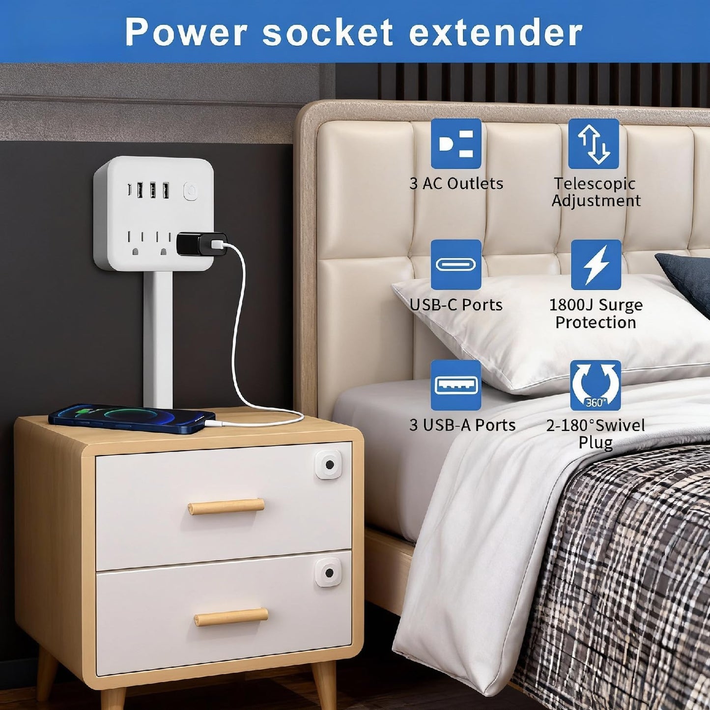 Electrical Outlet Extender Stick, 180° Rotating Surge Protector Power Strip, Featured 3 AC and 4 USB Ports, Multi Plug Wall Outlet Splitter | Ideal