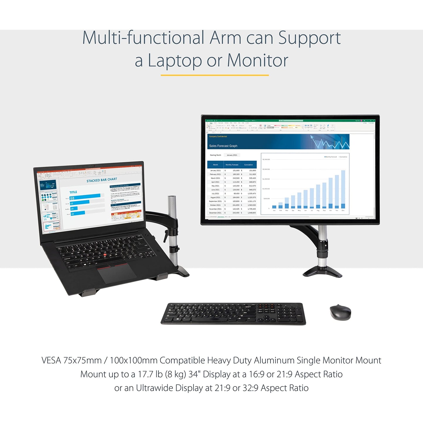 StarTech.com Desk Mount Laptop Arm, Articulating Arm for Laptop or Single Monitor up to 34" (17.6lb/8kg), VESA Tray Bracket, Ergonomic Adjustable