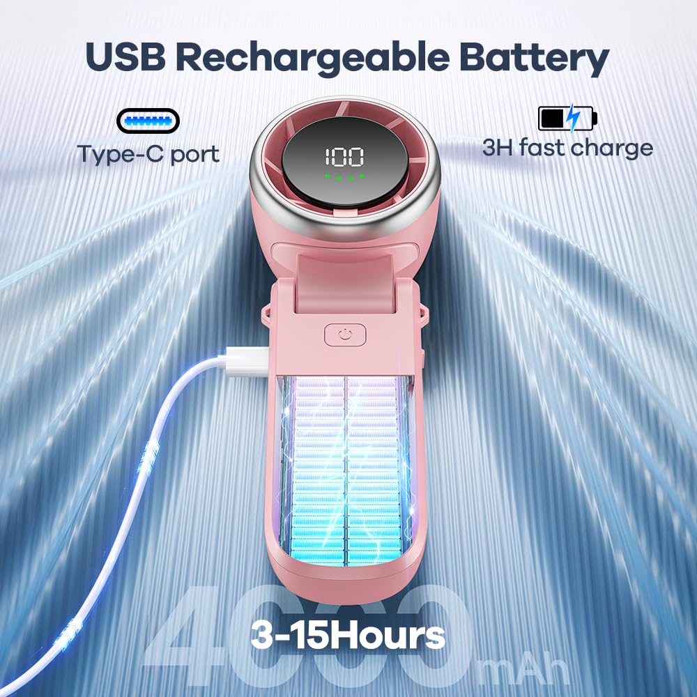 Portable Handheld Turbo Fan, 5 Gear High Speed USB-C Rechargeable Fan, 4000mAh Rechargeable Mini Personal Hand Fan Blow Cold Air, Battery Operated